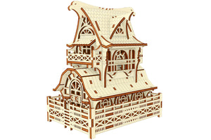 Detailed laser cut plan for creating a Garden Gnome House wooden model with a charming and intricate design.