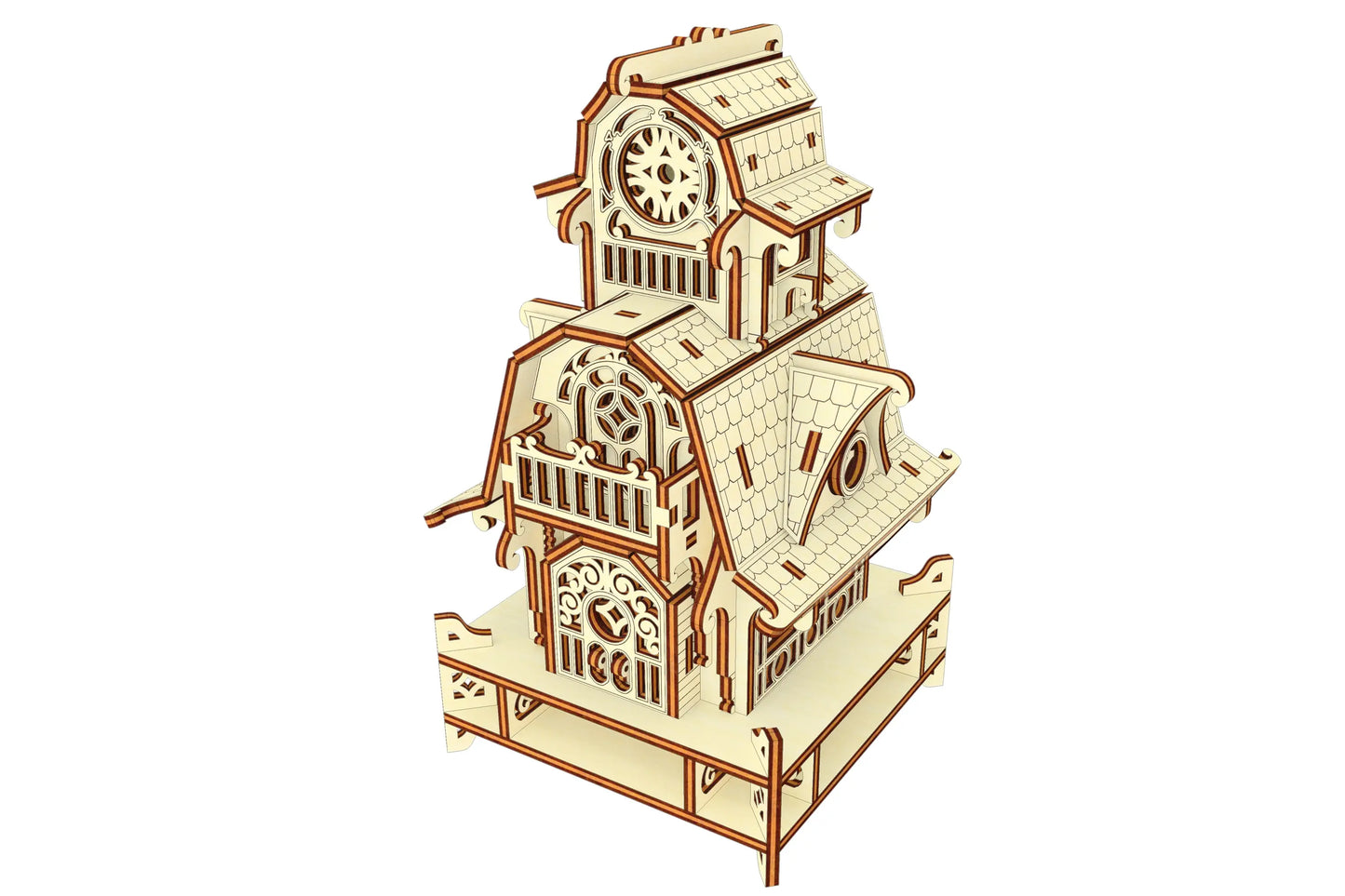 High-angle vector model showing the multi-tier details of the mini castle kit, rendered as a laser cut plywood design.