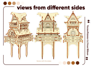 Laser cut wooden model of a Garden Gnome House on stakes, featuring a veranda, curved roof, and two floors.