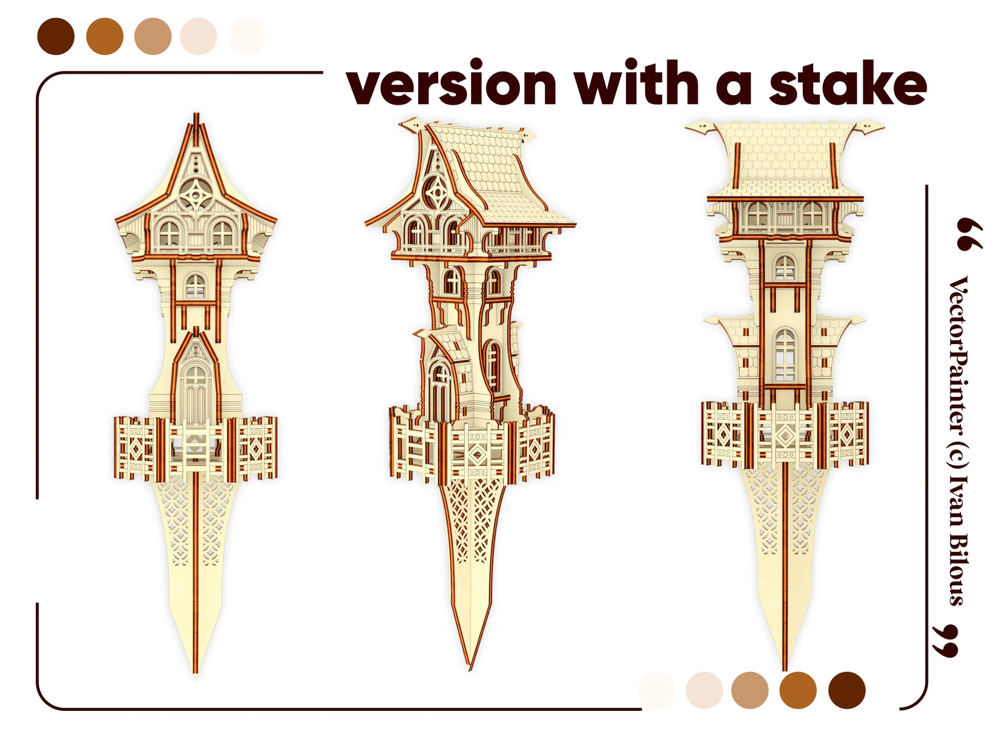 Three views of a fairy garden magic tower made of laser cut plywood, showing a sharp ground stake version.