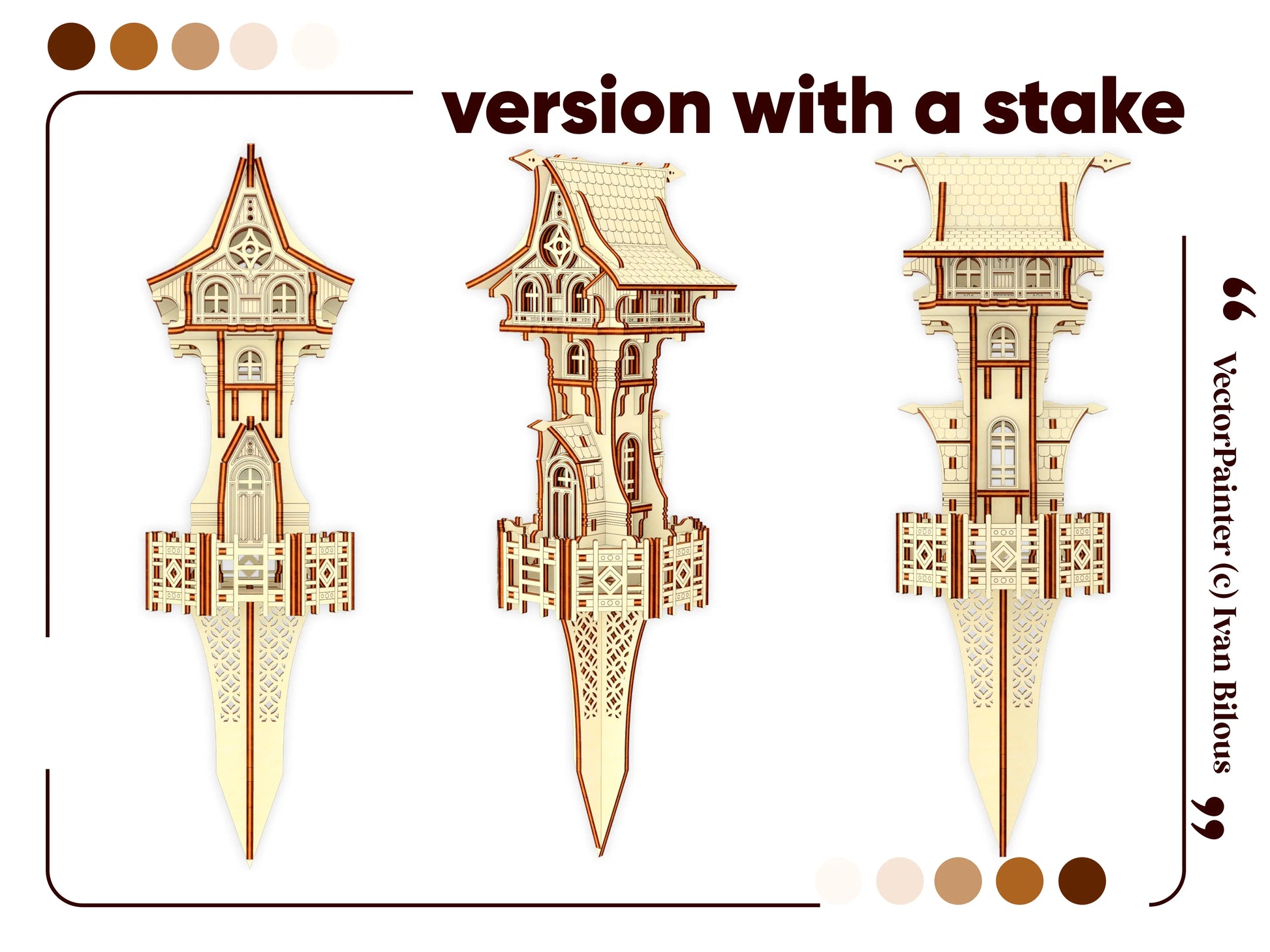 Three views of a fairy garden magic tower made of laser cut plywood, showing a sharp ground stake version.