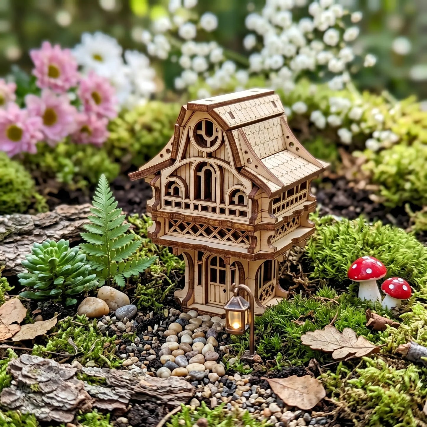 Miniature plywood laser cut house on a natural setting with flowers and mushrooms