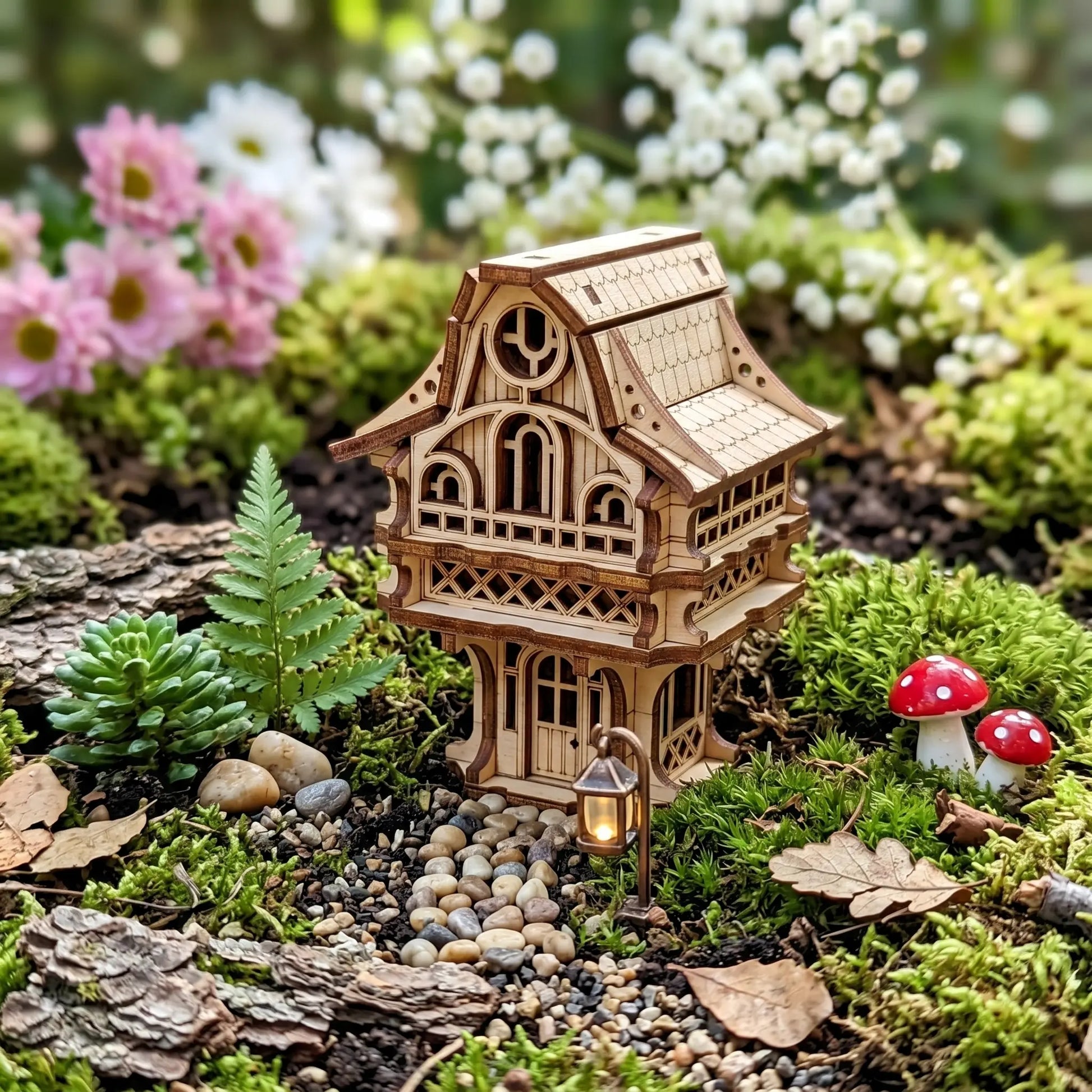 Miniature plywood laser cut house on a natural setting with flowers and mushrooms