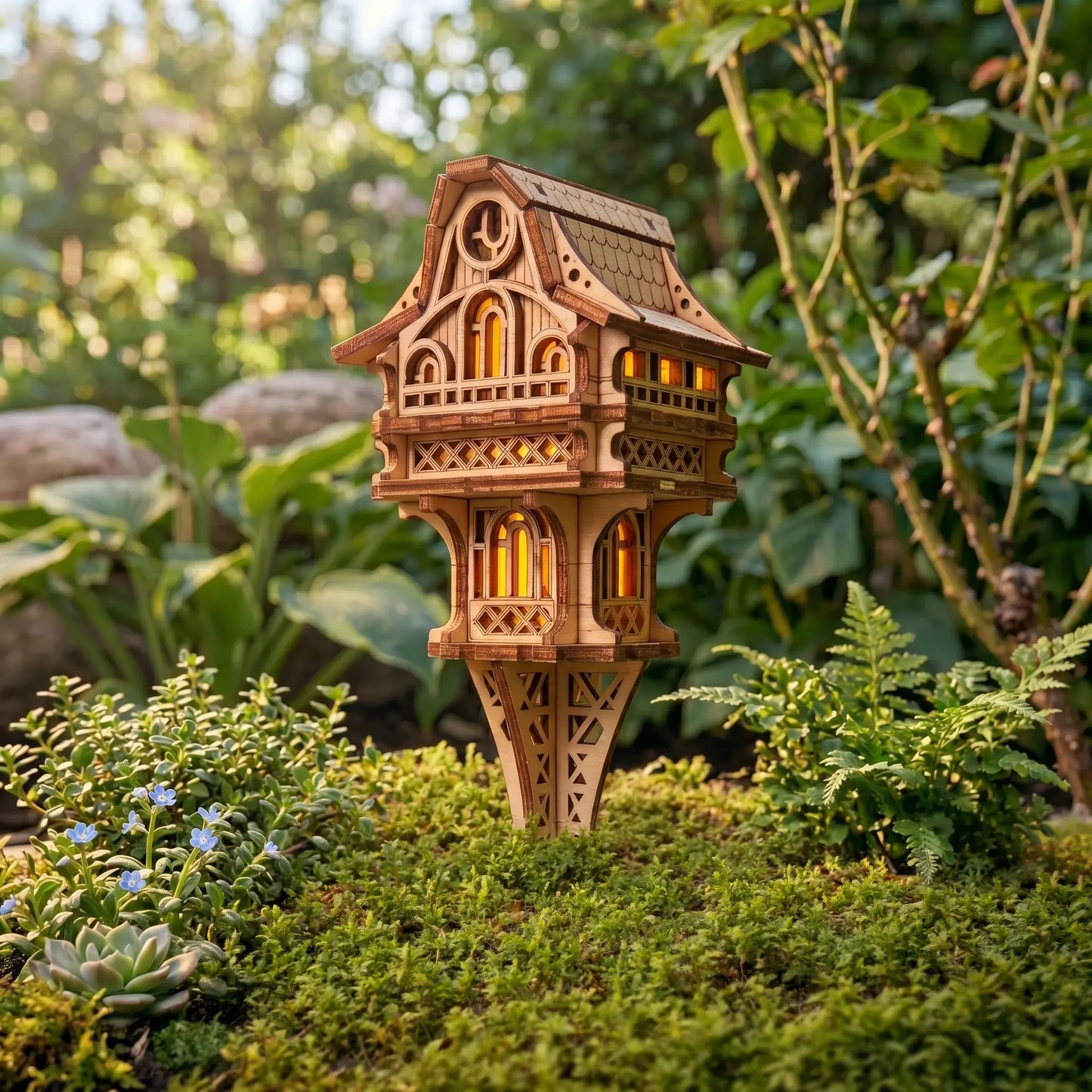 Plywood fairy house with glowing interior lights in a garden setting