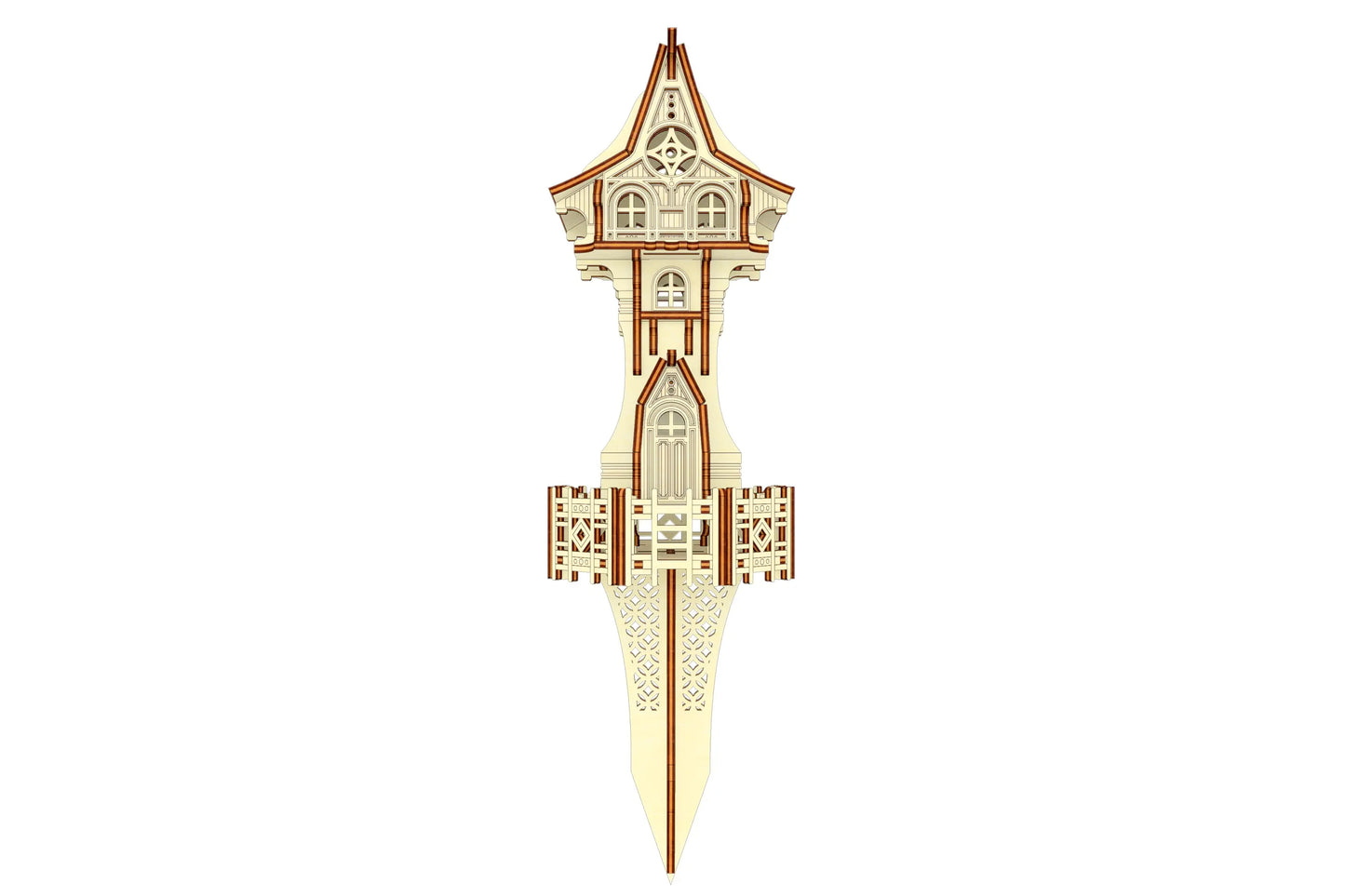 Front view of a laser cut plywood wizard tower model with a pointy ground stake for fairy gardens or plant pots.