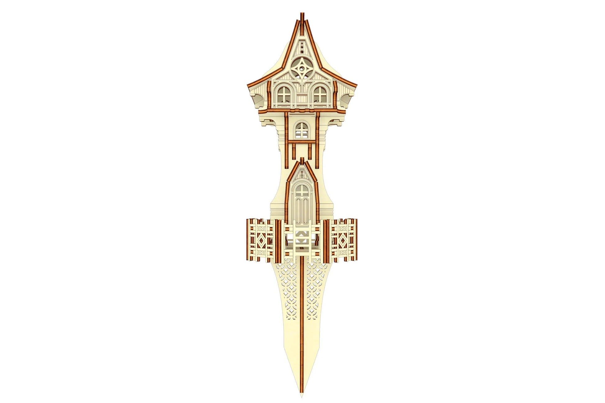 Front view of a laser cut plywood wizard tower model with a pointy ground stake for fairy gardens or plant pots.