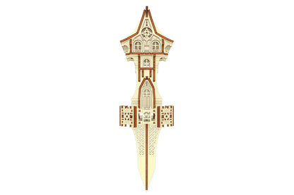 Front view of a laser cut plywood wizard tower model with a pointy ground stake for fairy gardens or plant pots.