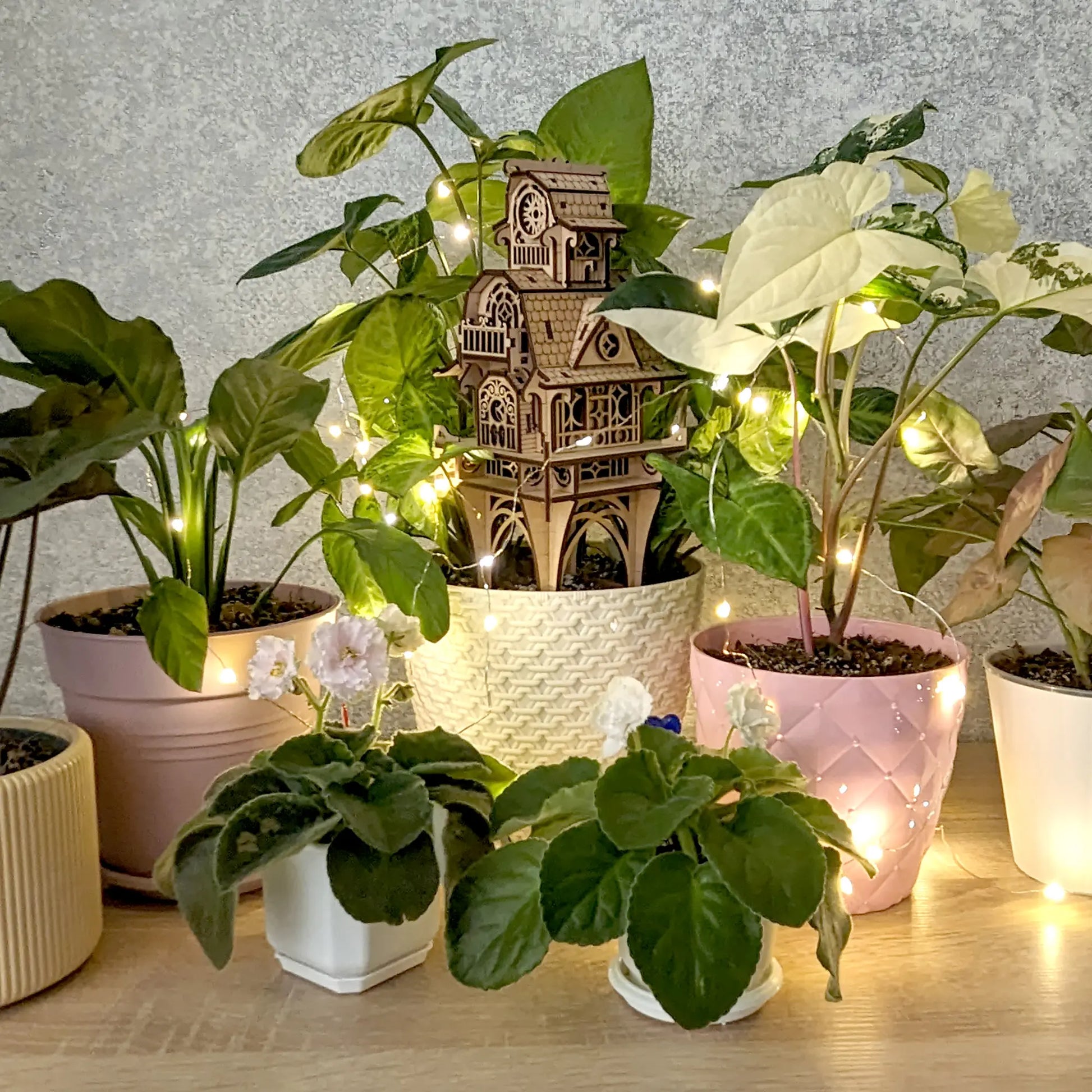 Clean landscape photo of the laser cut plywood home project arranged in a cozy indoor plant display with warm lights.