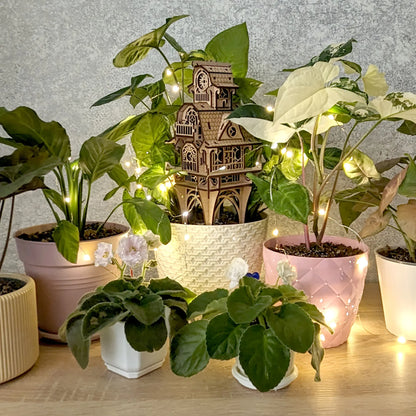 Clean landscape photo of the laser cut plywood home project arranged in a cozy indoor plant display with warm lights.