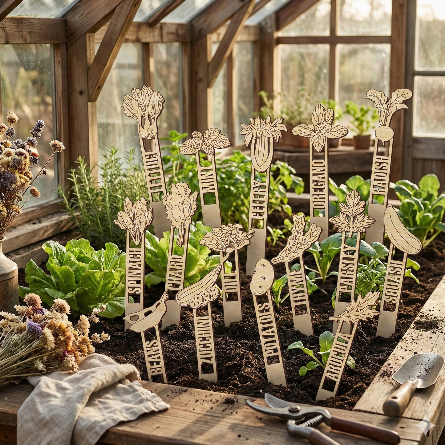 Full set of wooden laser cut Garden Stakes 2 showing various vegetable and herb designs like spinach, chard, celery, oregano, parsley, and squash with engraved names, inserted into a garden bed against a natural greenhouse background.