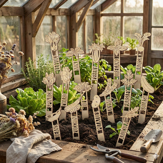 Full set of wooden laser cut Garden Stakes 2 showing various vegetable and herb designs like spinach, chard, celery, oregano, parsley, and squash with engraved names, inserted into a garden bed against a natural greenhouse background.