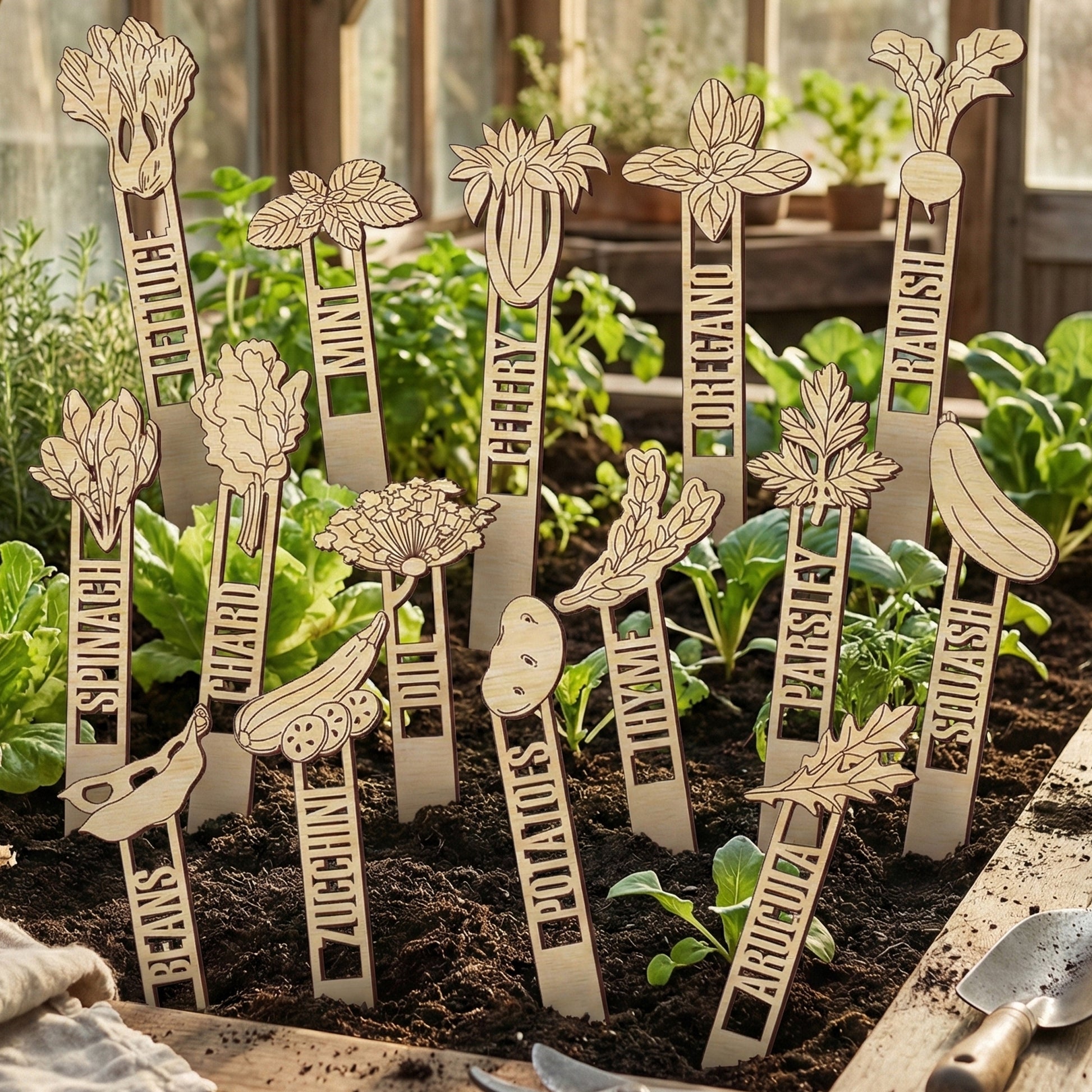 Comprehensive laser cut wooden Garden Stakes 2 collection with detailed plant silhouettes for beans, lettuce, potatoes, thyme, broccoli, and more, placed in soil rows on a sunlit indoor garden background.
