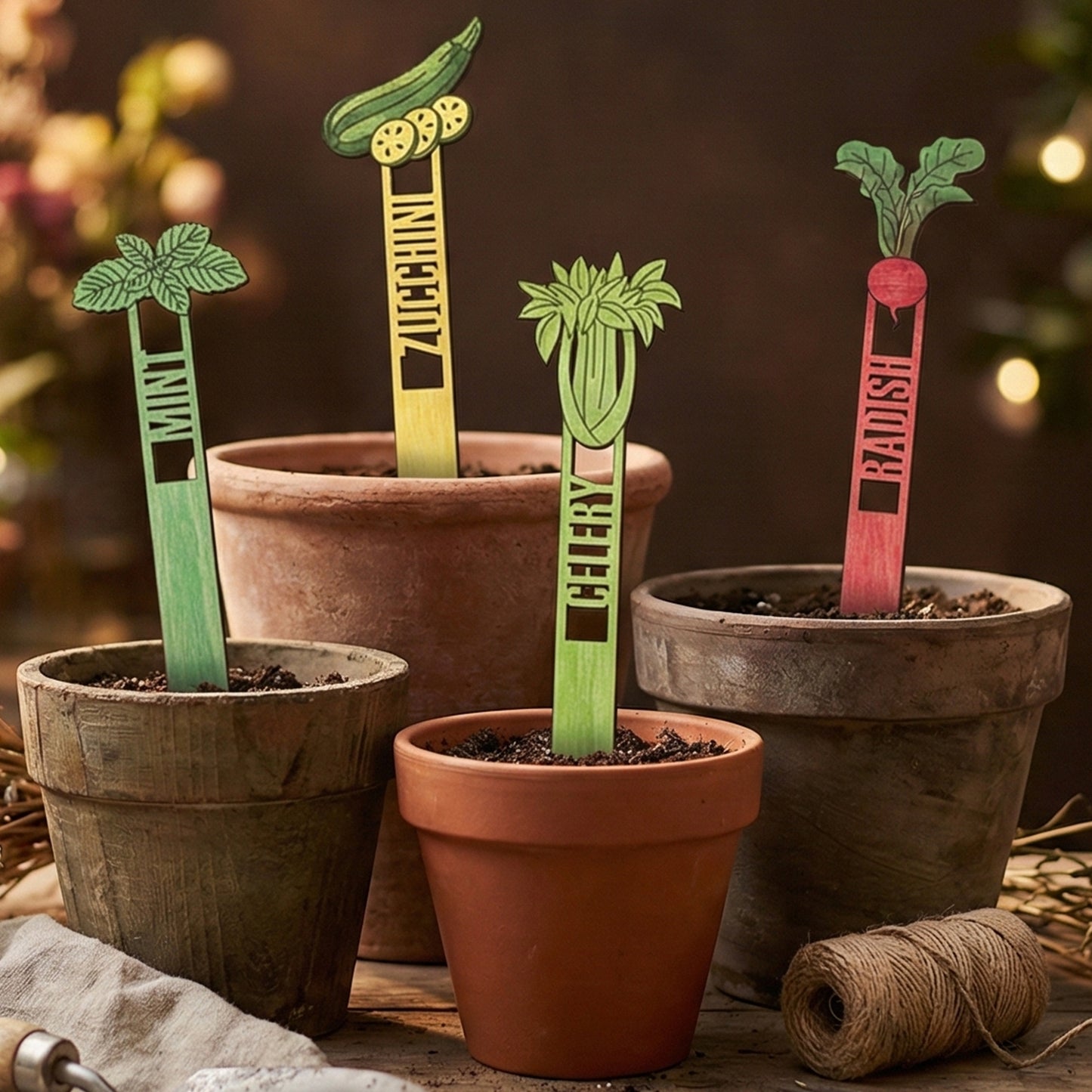 Set of wooden laser cut Garden Stakes 2 with colorful designs for mint, zucchini, celery, and radish featuring engraved name labels on stakes, placed in terracotta pots against a warm bokeh-lit background.