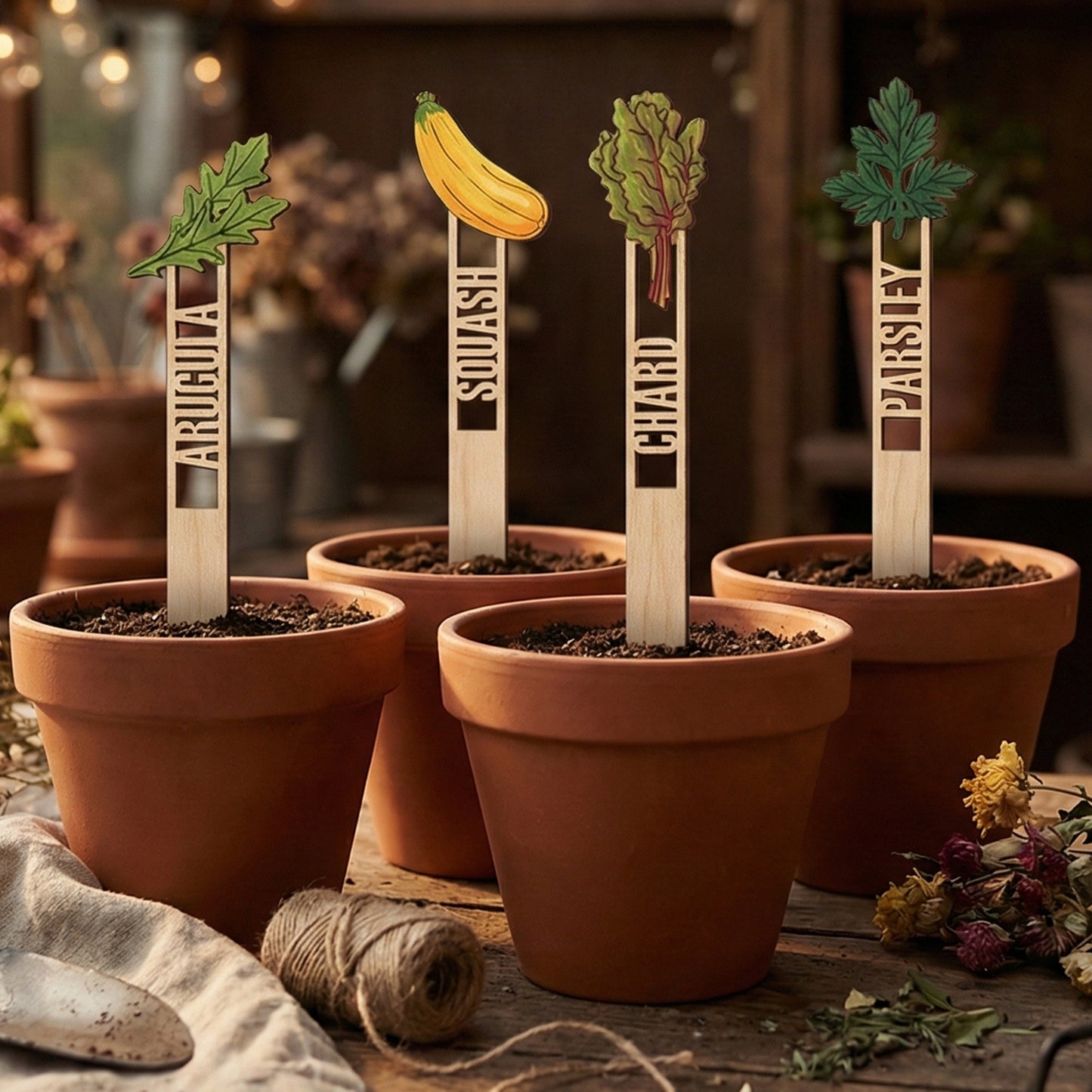 Collection of wooden laser cut Garden Stakes 2 featuring arugula, squash, chard, and parsley in green and yellow tones with cut-out labels, displayed in pots against a softly lit greenhouse background.