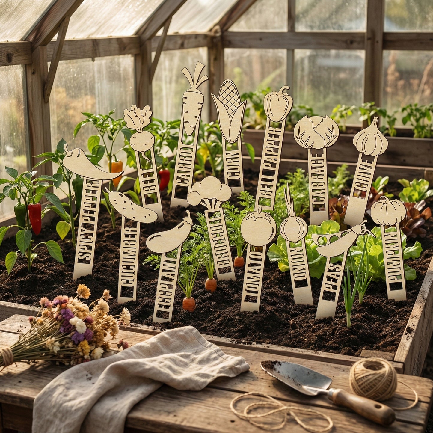 Comprehensive set of laser cut wooden Garden Stakes 2 featuring colorful cut-out shapes and engraved labels for various vegetables like cucumber, radish, and more, placed among growing plants in a sunny greenhouse background.