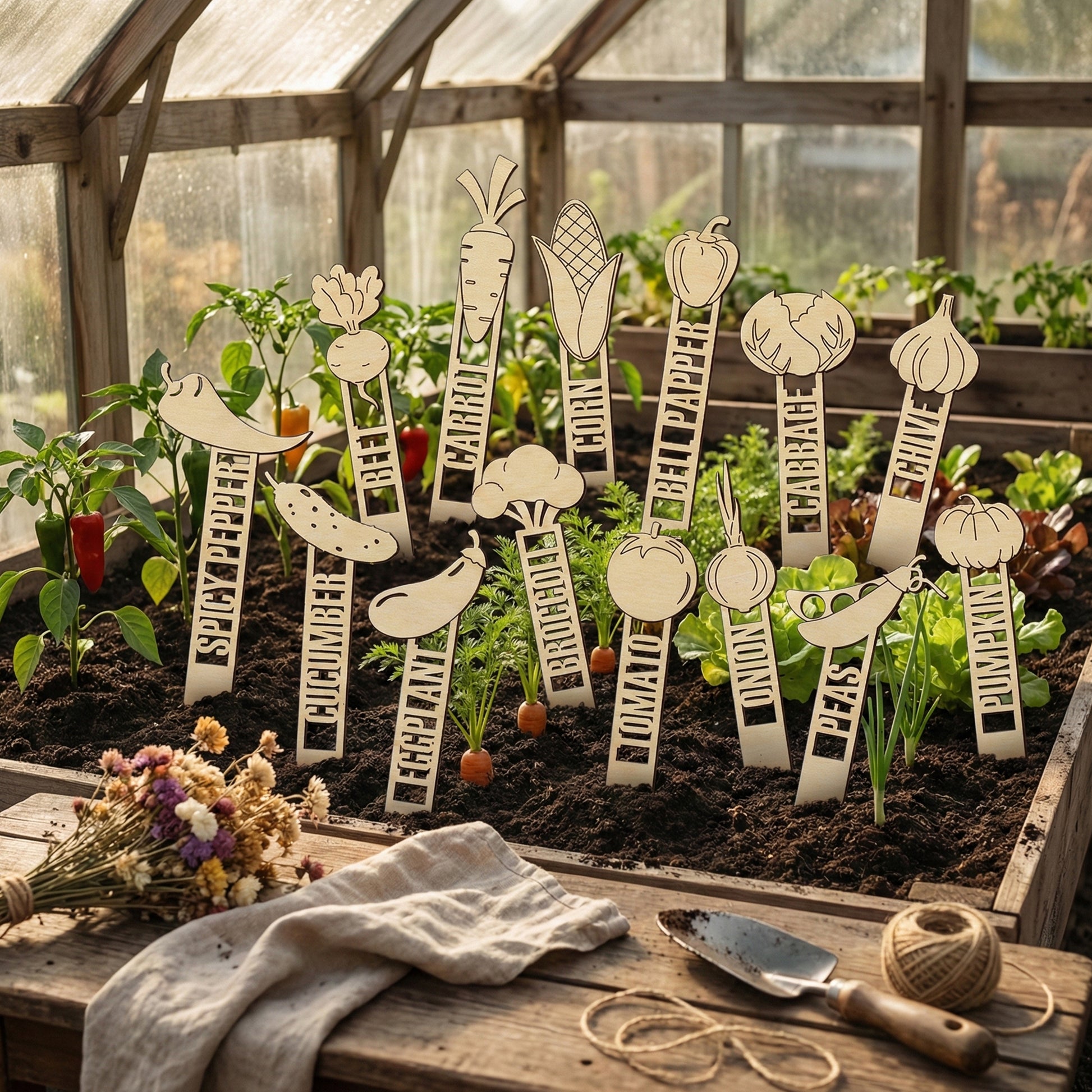 Comprehensive set of laser cut wooden Garden Stakes 2 featuring colorful cut-out shapes and engraved labels for various vegetables like cucumber, radish, and more, placed among growing plants in a sunny greenhouse background.