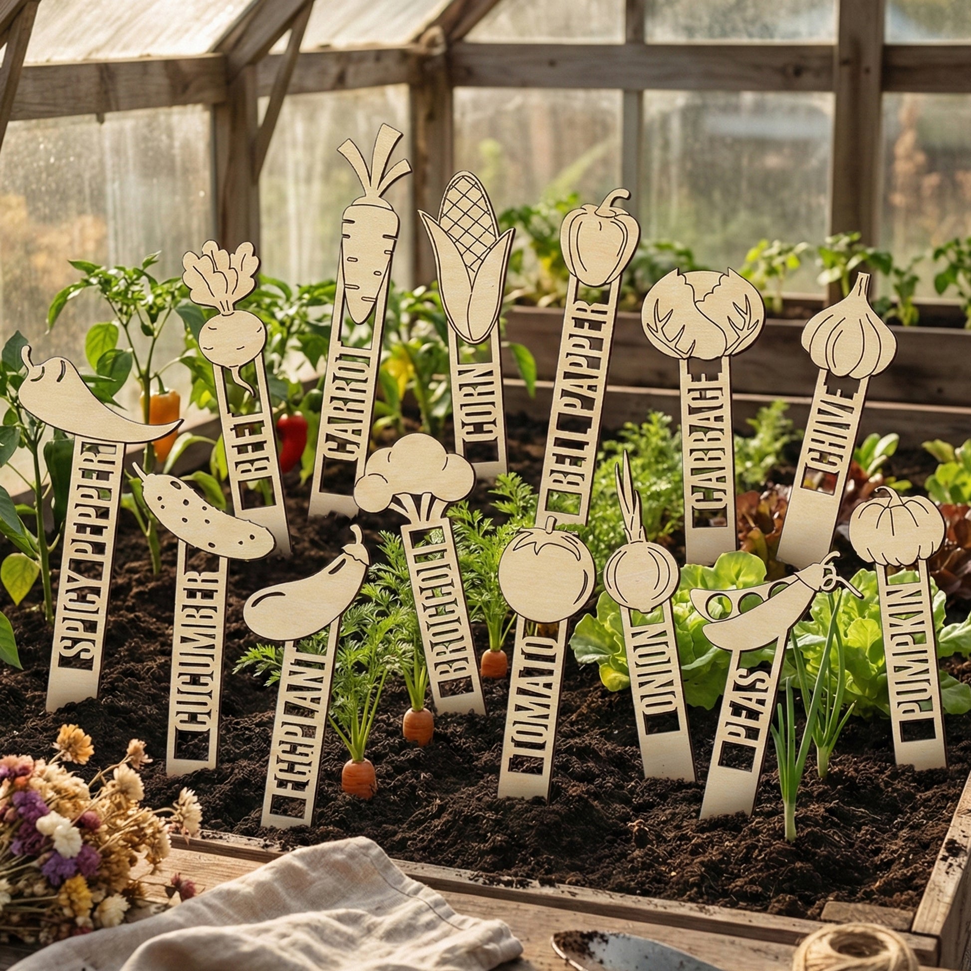 Wooden laser cut Garden Stakes 2 collection with detailed vegetable designs for spicy pepper, beet, carrot, corn, bell pepper, cabbage, onion, garlic, eggplant, broccoli, tomato, peas, and pumpkin, inserted into a garden bed against a greenhouse background.