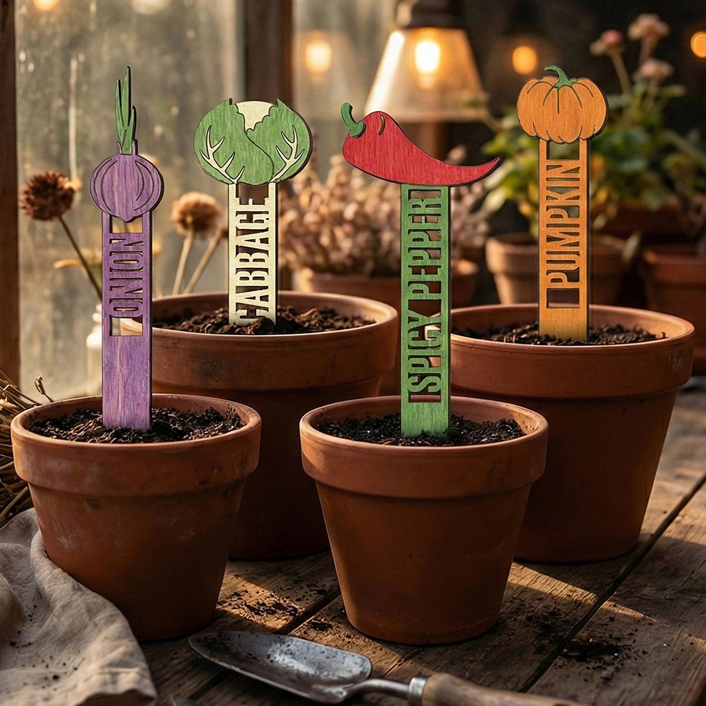 Wooden laser cut Garden Stakes 2 with purple onion, green cabbage, red spicy pepper, and orange pumpkin shapes including engraved identifiers, placed in soil pots against a rustic greenhouse window background.
