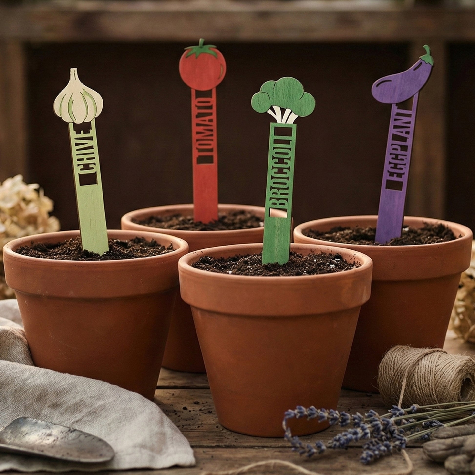 Set of wooden laser cut Garden Stakes 2 for light green chive, red tomato, green broccoli, and purple eggplant with detailed vegetable tops and name engravings, displayed in pots against a warm indoor background.