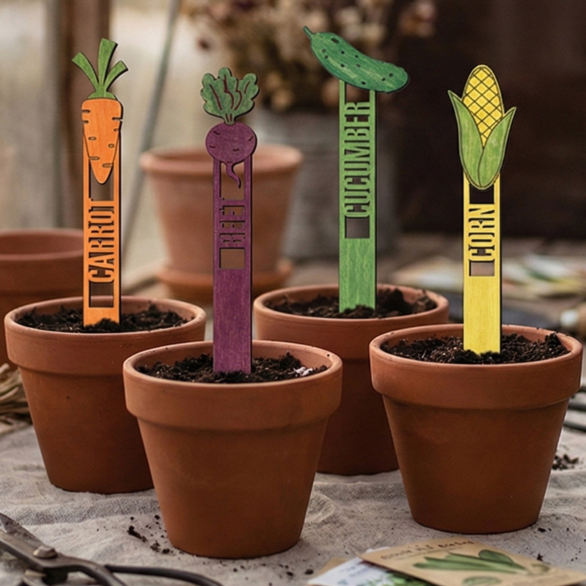 Wooden laser cut Garden Stakes 2 with vibrant designs for orange carrot, purple beet, green cucumber, and yellow corn, featuring engraved names on stakes, placed in terracotta pots against a cozy indoor gardening background.