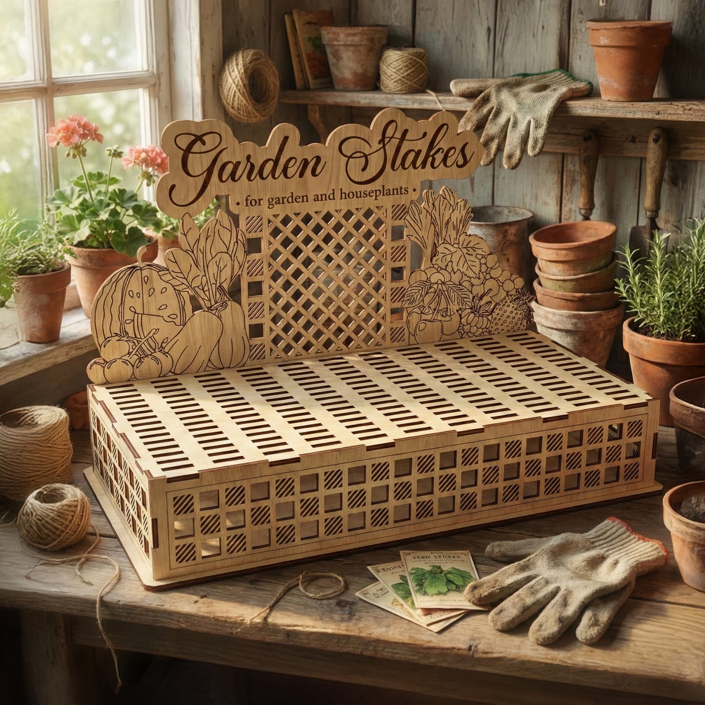 A Garden Stakes Stand featuring laser cut botanical engravings, displayed in a garden shed environment with stacked terracotta pots.
