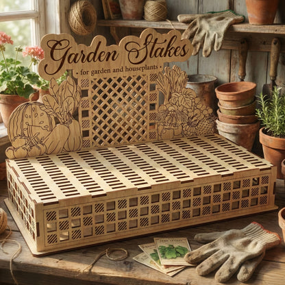 Rustic laser cut wooden Garden Stakes Stand sitting on a gardening workbench surrounded by work gloves and twine.