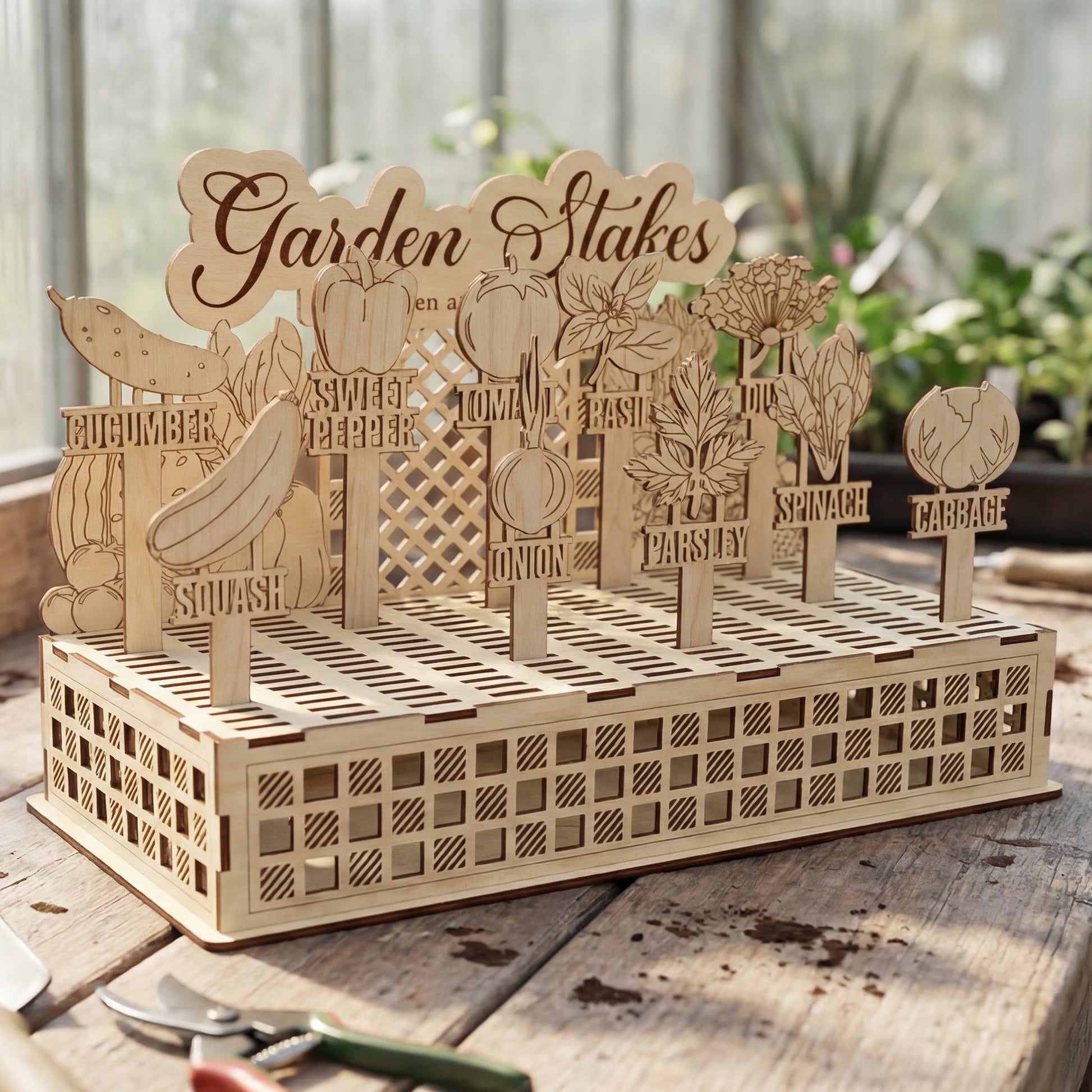 Functional Garden Stakes Stand filled with various laser cut vegetable markers, located in a sunlit greenhouse setting.