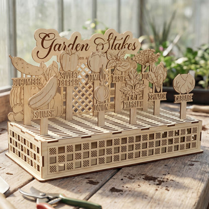 Functional Garden Stakes Stand filled with various laser cut vegetable markers, located in a sunlit greenhouse setting.