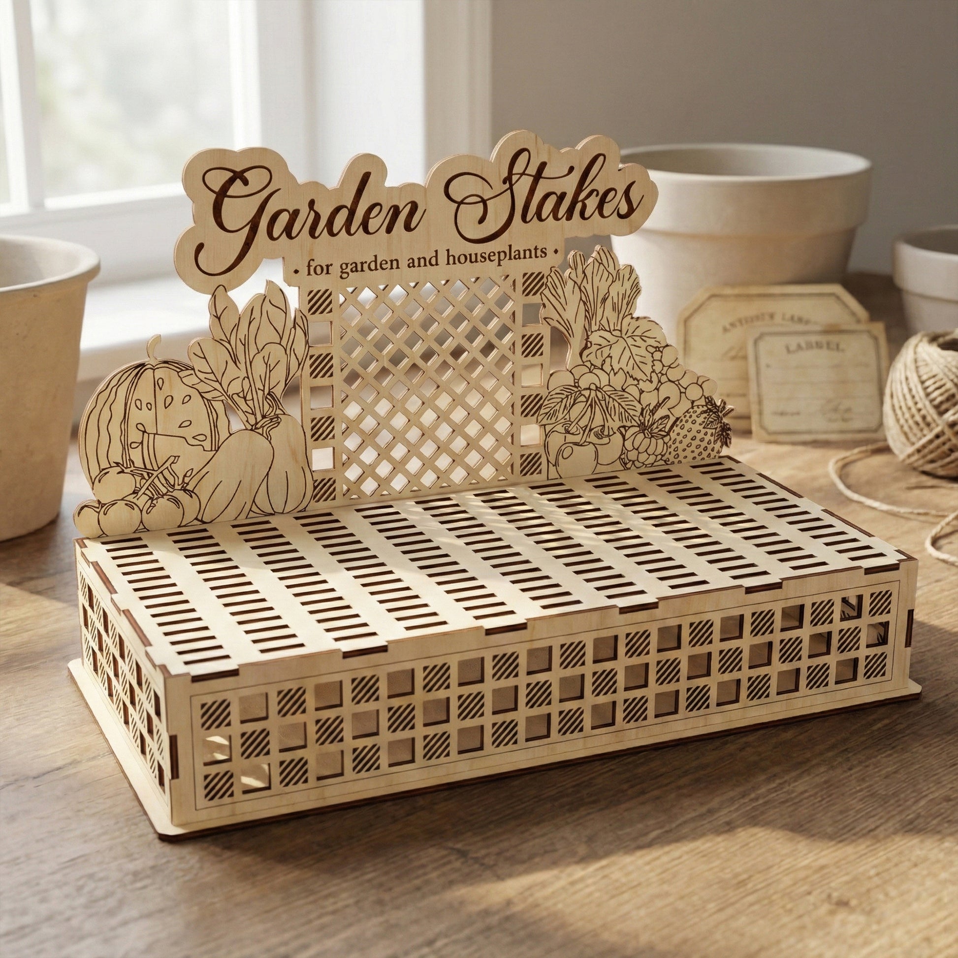 Laser cut wooden Garden Stakes Stand with a decorative lattice back, placed in a bright indoor room with empty plant pots.