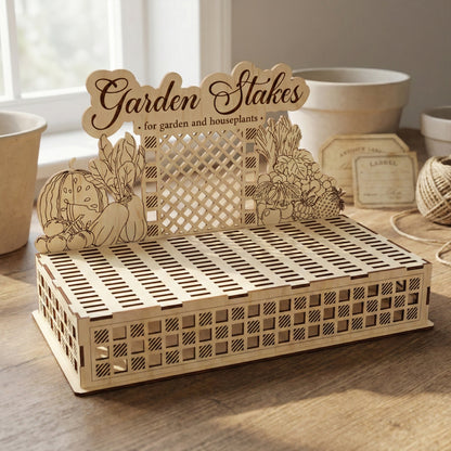 Laser cut wooden Garden Stakes Stand with a decorative lattice back, placed in a bright indoor room with empty plant pots.