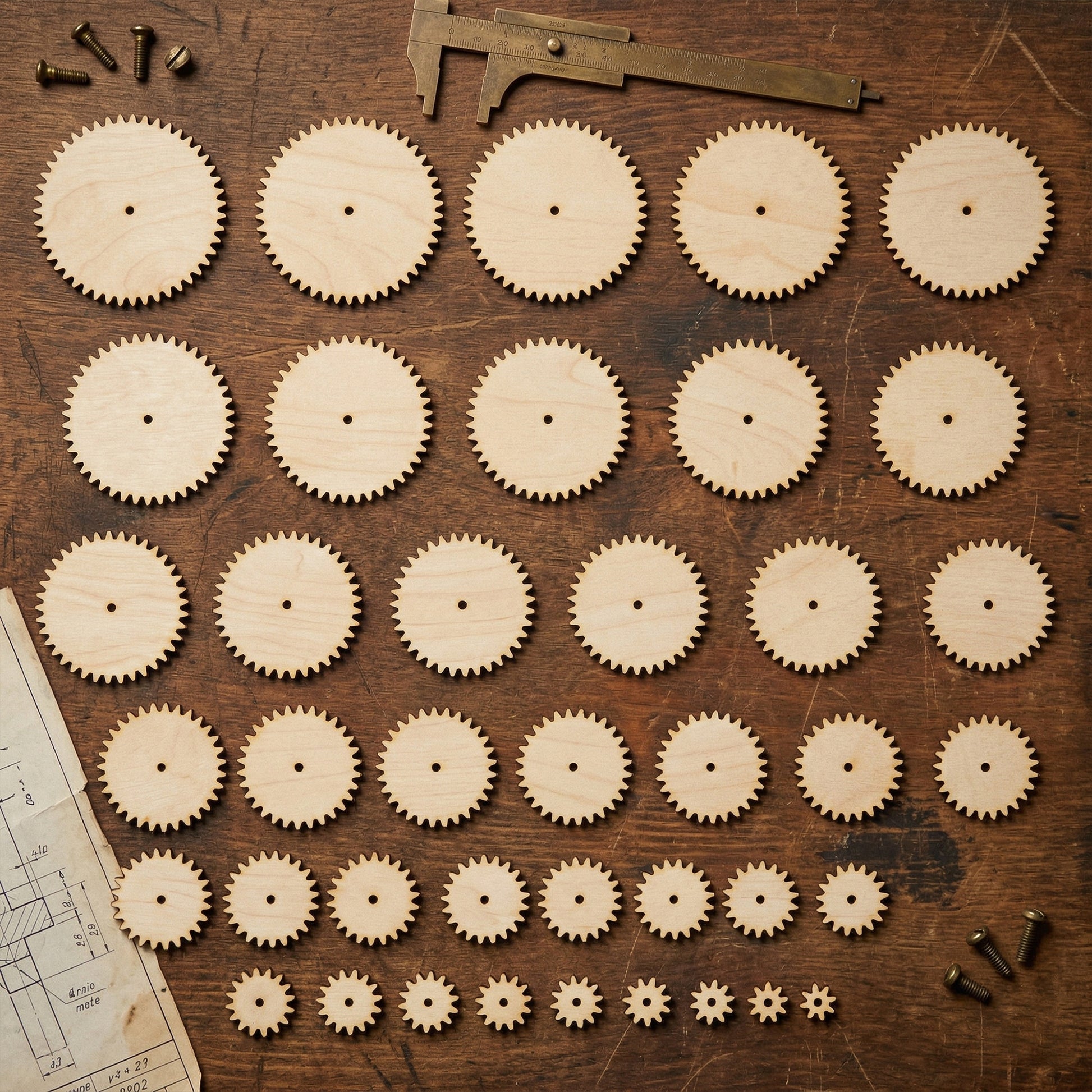 A large set of laser-cut plywood gears in various sizes, ranging from small to large cogwheels. The light-colored wooden gears are arranged in neat rows on a rustic dark wood workbench, surrounded by a brass caliper, vintage blueprints, and small screws, highlighting a DIY mechanical model kit or engineering hobby project.