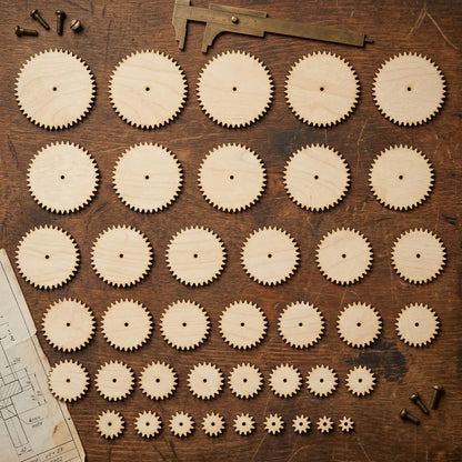 A large set of laser-cut plywood gears in various sizes, ranging from small to large cogwheels. The light-colored wooden gears are arranged in neat rows on a rustic dark wood workbench, surrounded by a brass caliper, vintage blueprints, and small screws, highlighting a DIY mechanical model kit or engineering hobby project.