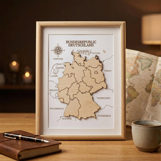 Framed 3D Germany map made of laser cut plywood. The 'Bundesrepublic Deutschland' piece features detailed state borders and neighboring country names. Posed on a desk with a fountain pen and leather journal in a warm, aesthetic setting.