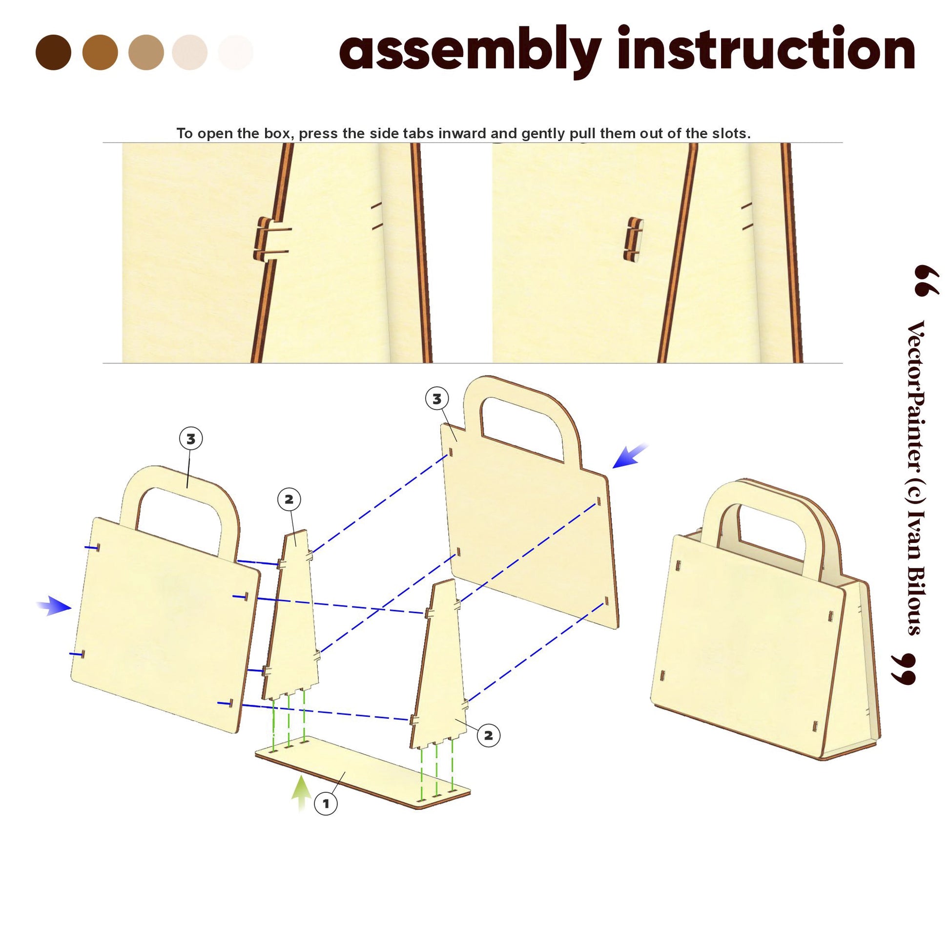 Assembly instruction for a laser cut plywood Christmas gift bag, showing how to slot components together securely