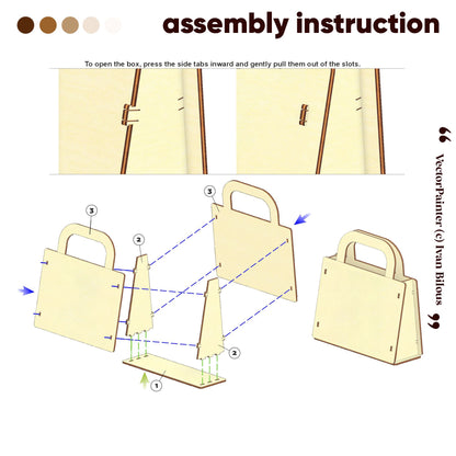 Assembly instruction for a laser cut plywood Christmas gift bag, showing how to slot components together securely