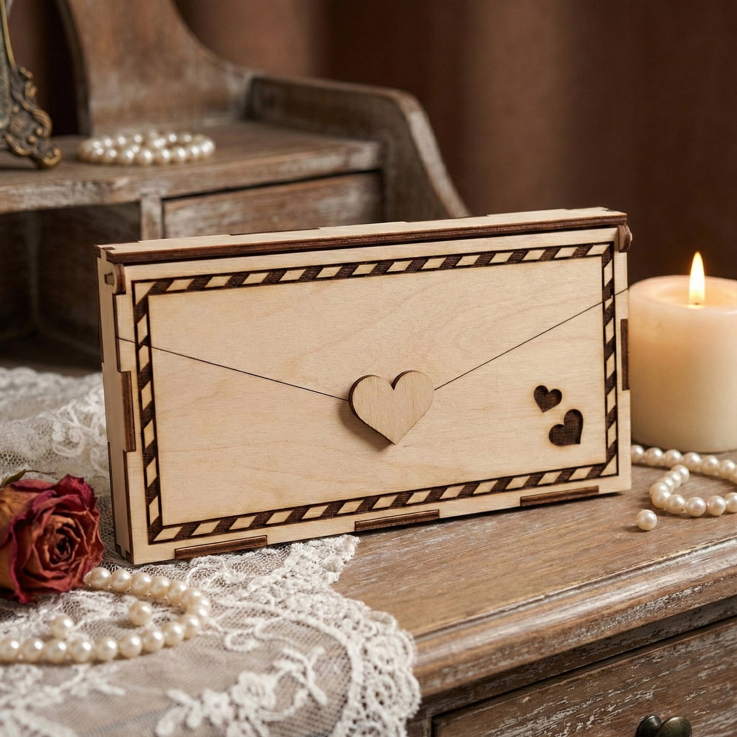 Back view of the laser cut plywood envelope box showing a wooden heart latch and two small heart cutouts. The natural wood grain is visible against a cozy background with a lit candle and vintage vanity, highlighting its use as a keepsake.