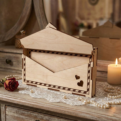 Open laser cut plywood gift envelope box showing the hinged top lid. The interior is spacious enough for cash or a gift card. It sits on a dressing table, demonstrating how the wooden latch functions for secure gift-giving.