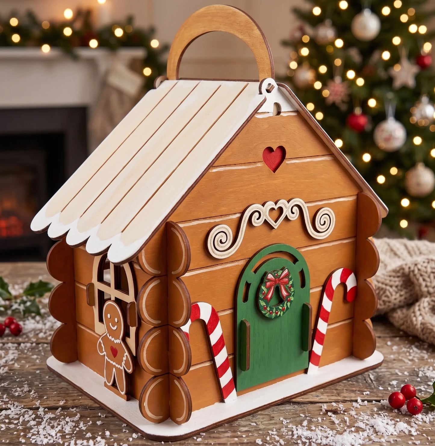 Gingerbread house-shaped gift box with festive decorations on a wooden surface with Christmas tree and fireplace in the background.