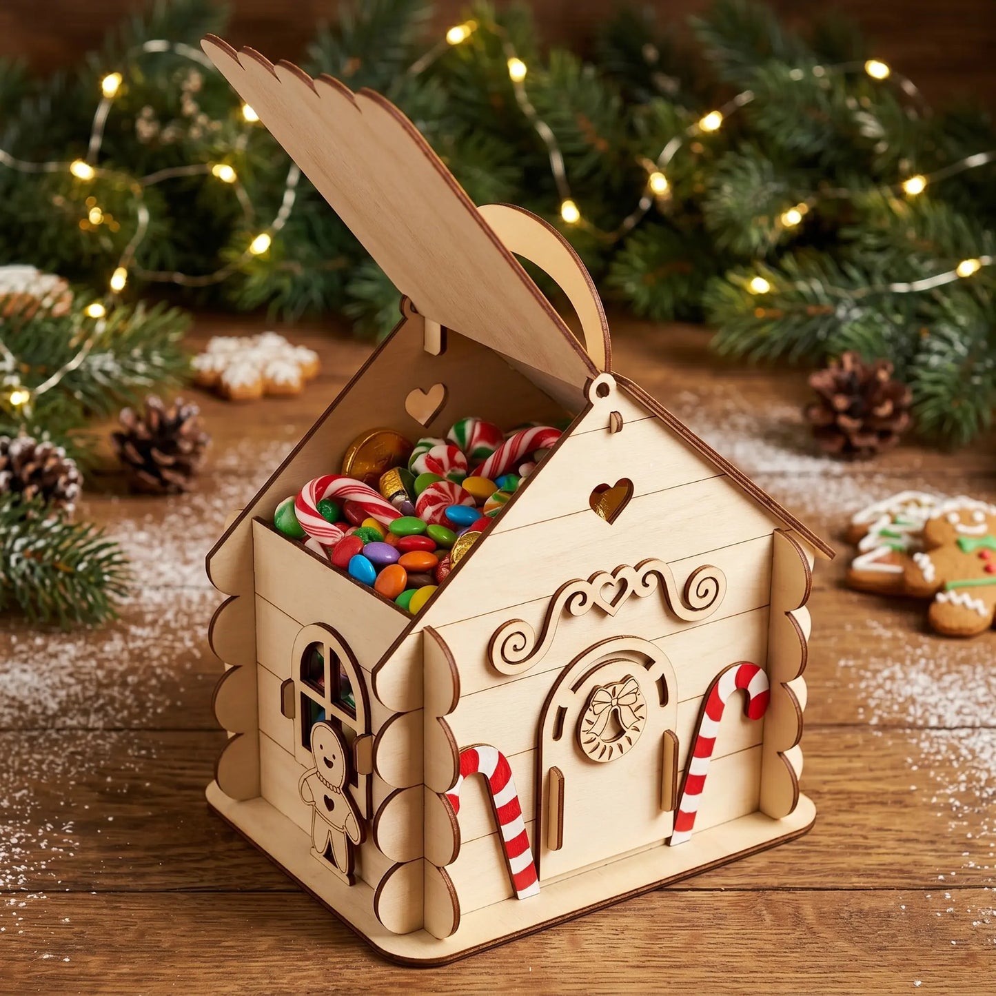Wooden gingerbread house-shaped candy box with colorful candies on a festive background.