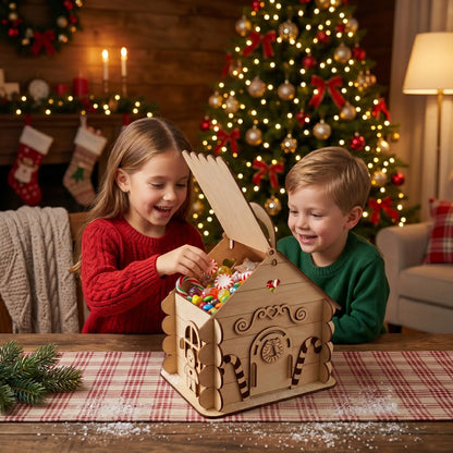 Two children playing with a gingerbread house kit in front of a decorated Christmas tree.