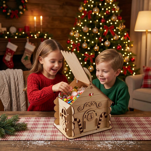 Two children playing with a gingerbread house kit in front of a decorated Christmas tree.
