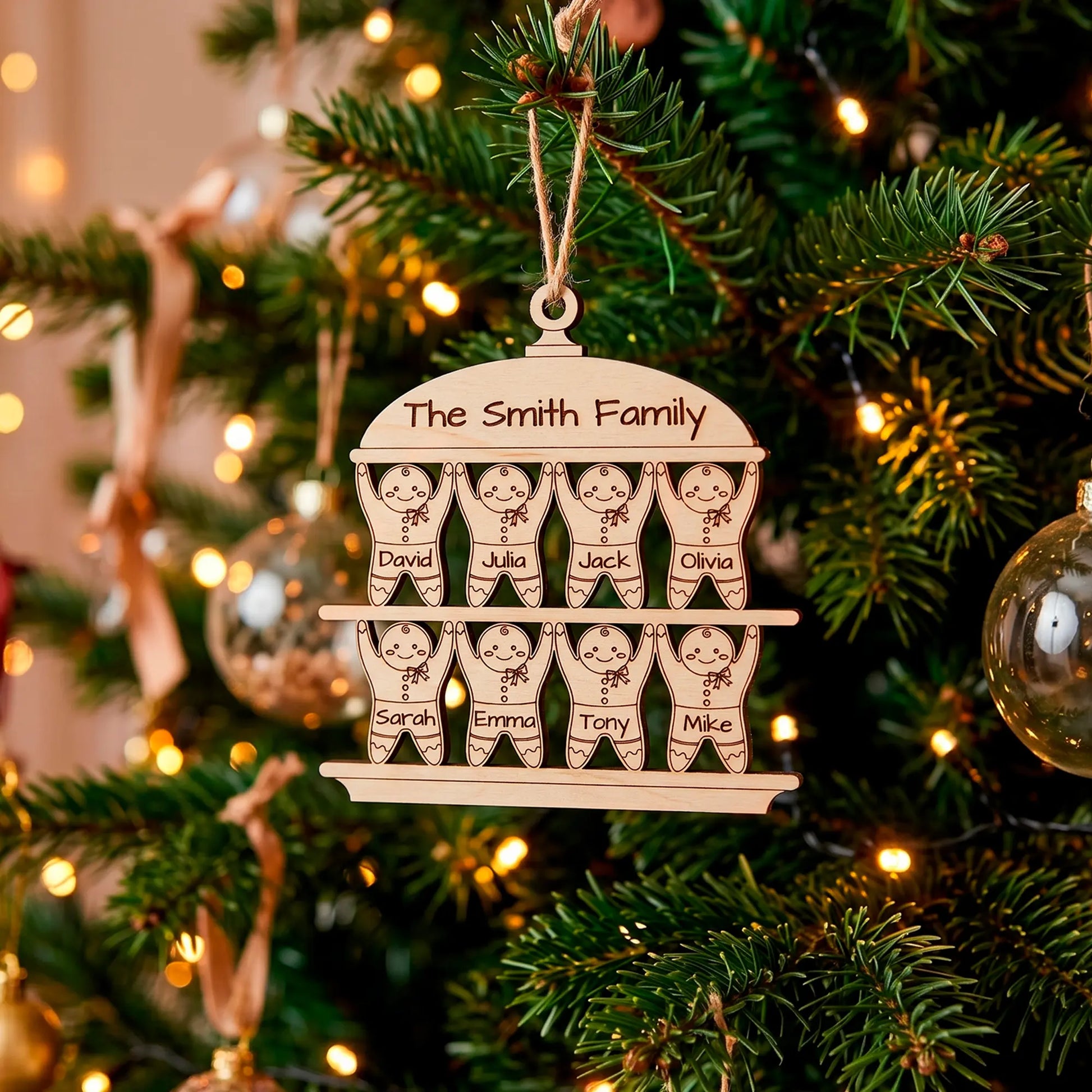 Two-tiered gingerbread family Christmas ornament made of laser cut plywood, hanging on a lit tree branch.