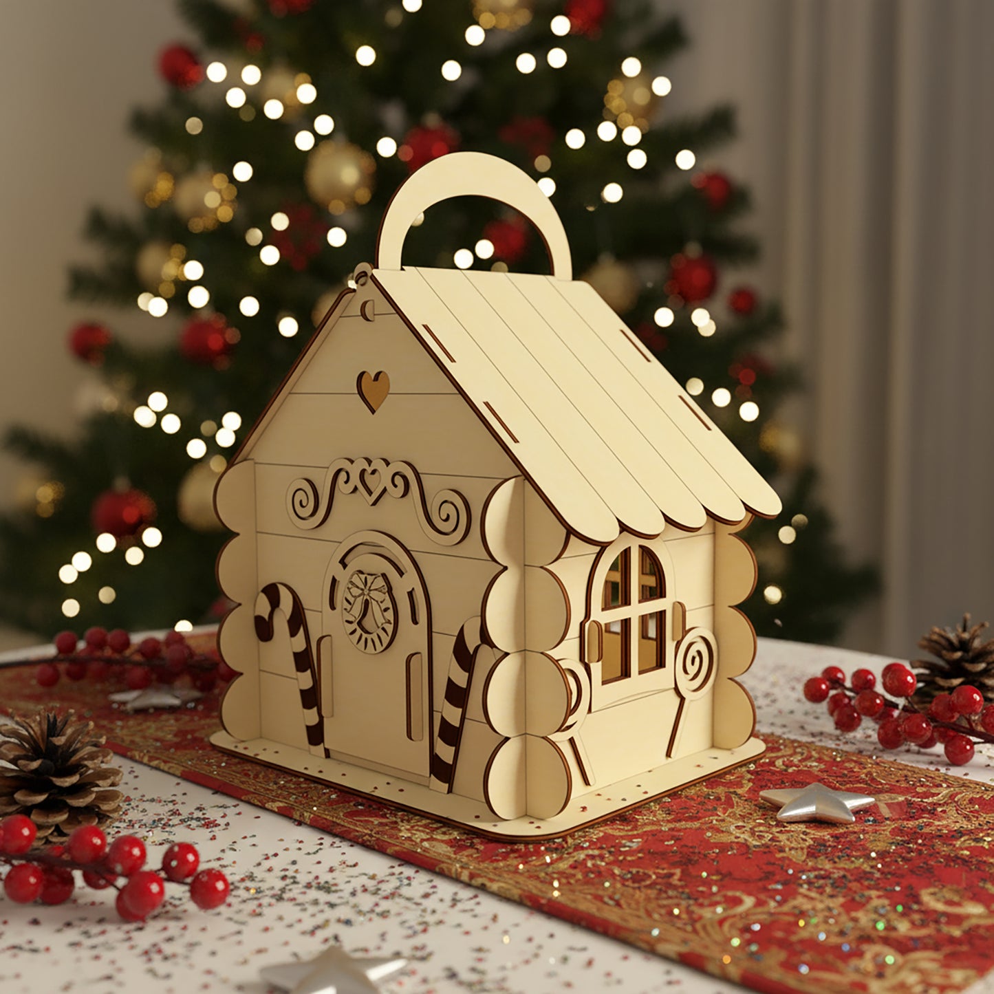 Delicate laser cut Gingerbread House Box for sweets featuring scalloped roof, swirl candies and carry handle, set against a festive blurred Christmas tree lights background.