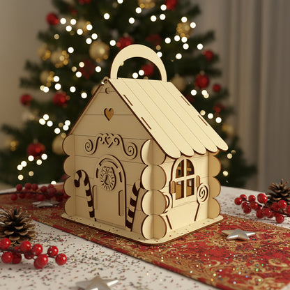 Delicate laser cut Gingerbread House Box for sweets featuring scalloped roof, swirl candies and carry handle, set against a festive blurred Christmas tree lights background.