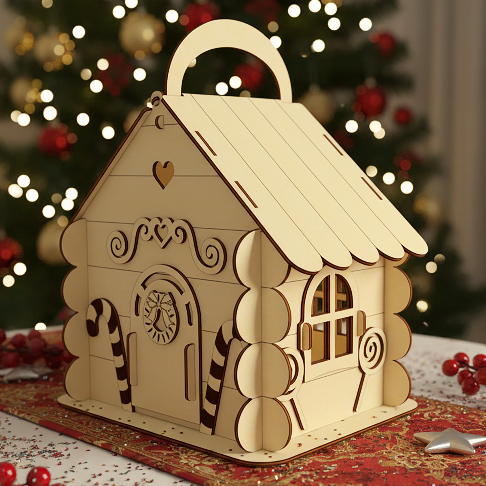 Laser cut wooden Gingerbread House Box for sweets with candy cane door, lollipop windows and heart details, shown against a warm Christmas tree bokeh background.