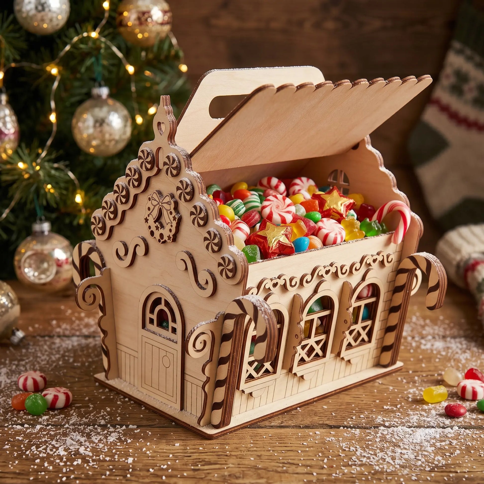 Wooden candy house filled with colorful candies on a wooden surface with a Christmas tree in the background.