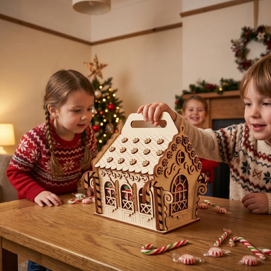 Two children playing with a wooden gingerbread house on a table decorated for Christmas.