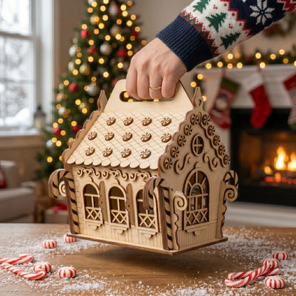 Wooden gingerbread house model held by a hand in a festive setting with Christmas tree and fireplace.