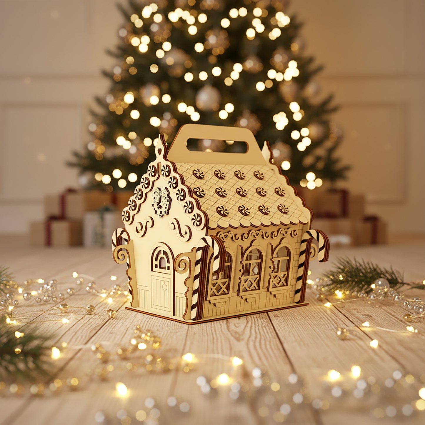 Intricate laser cut Gingerbread house featuring peppermint swirl windows, gumdrop roof tiles and carry handle, set against a festive blurred Christmas tree glow background.
