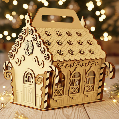 Laser cut wooden Gingerbread house with candy cane columns, lollipop roof details and scalloped icing edges, displayed against a warm Christmas tree lights bokeh background.